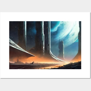 Futuristic illustration of city in space Posters and Art